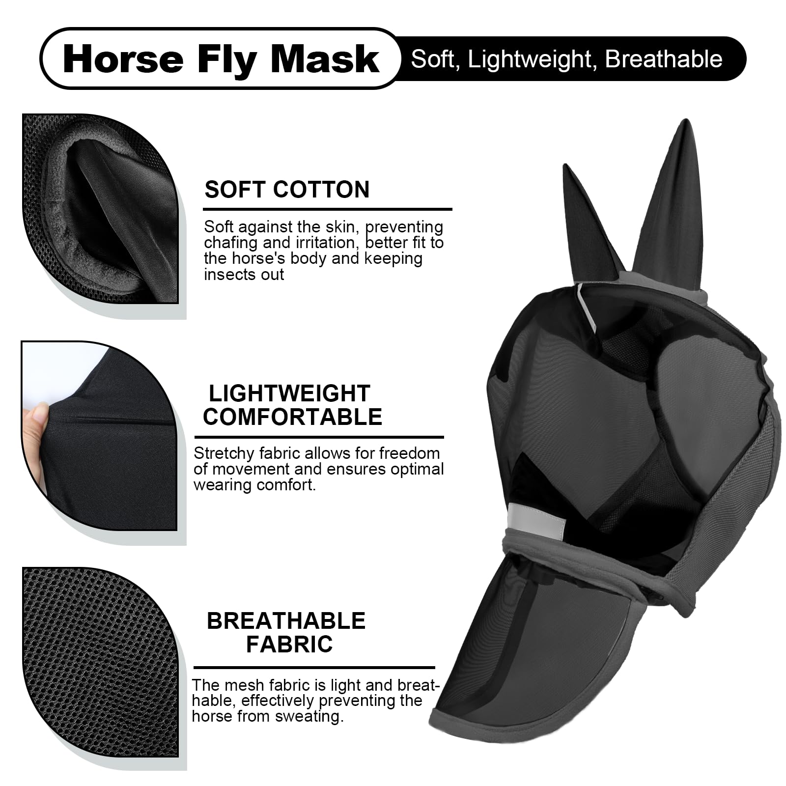 Wizbrio Luminous Horse Fly Mask with Long Nose, Ears, Full Face & Eye Protection - Full Mesh, Detachable Nose Cover, Fleece Padd